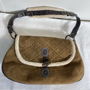 Old Navy Shoulder Bag Brown Faux Suede Sherpa Quilted Boho Hobo Hippie Purse